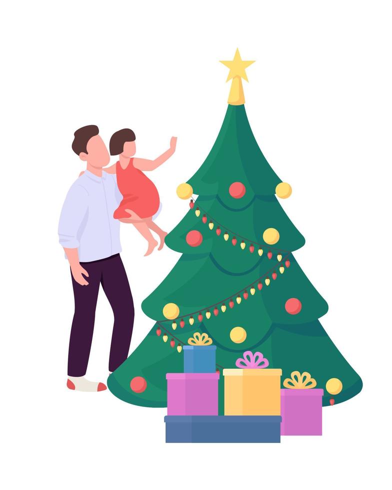 Parent hold kid near Christmas tree semi flat color vector characters