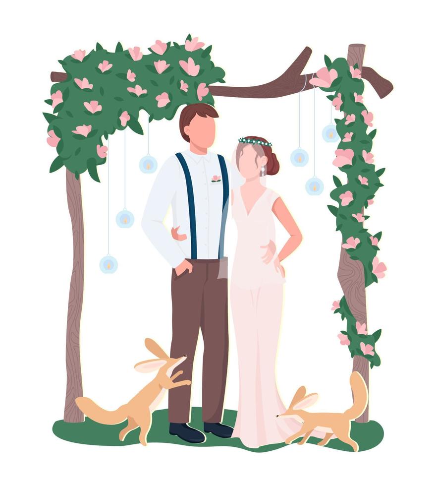 Newlyweds at outdoor ceremony semi flat color vector characters