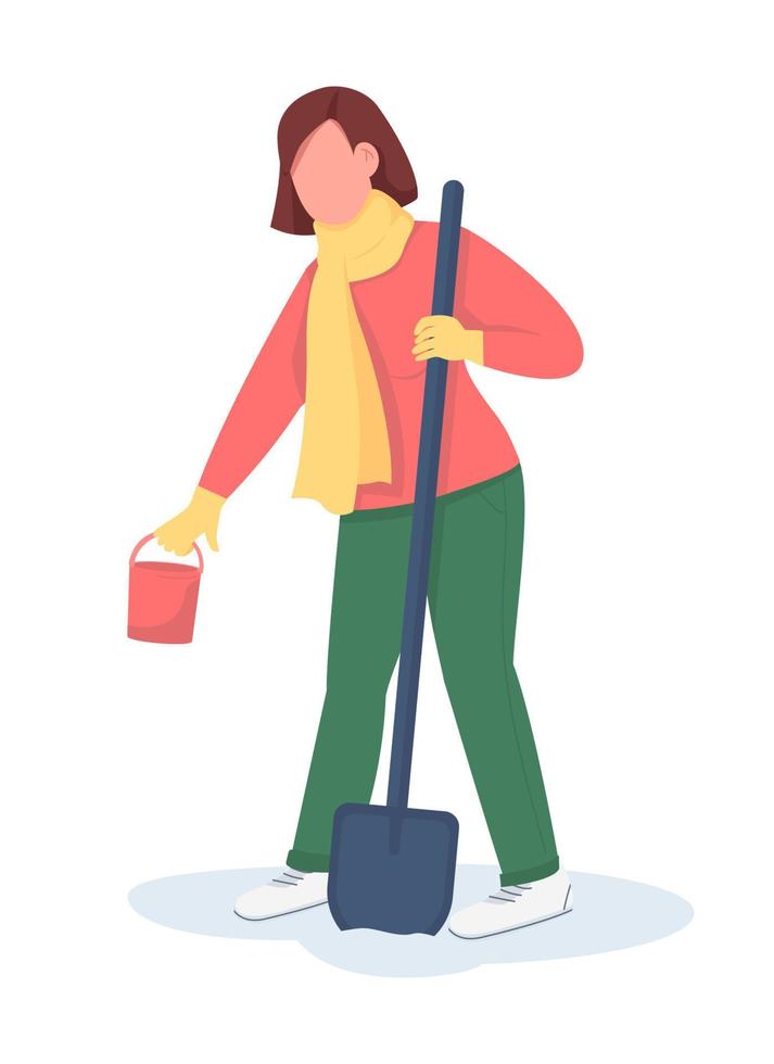 Woman clearing snow semi flat color vector character