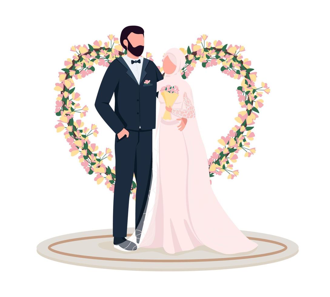 Married couple at heart flower gate semi flat color vector characters