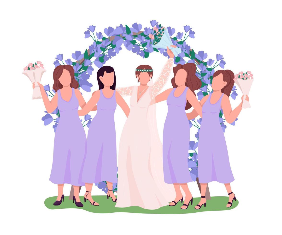 Bride with bridesmaid at reception semi flat color vector characters