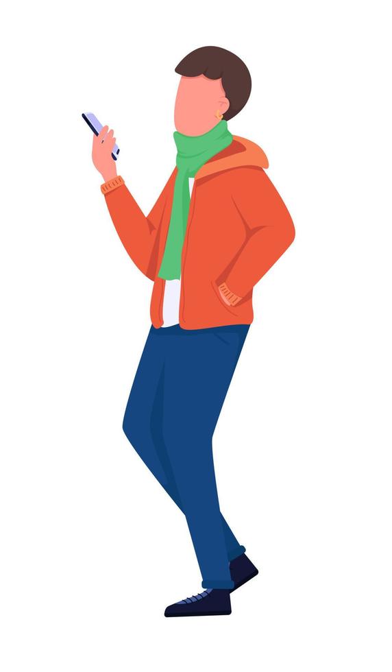 Guy on phone in winter semi flat color vector character