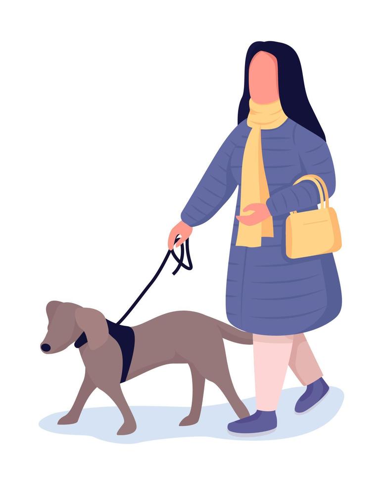 Woman walking with dog semi flat color vector character