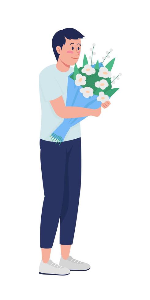 Young man with bouquet semi flat color vector character