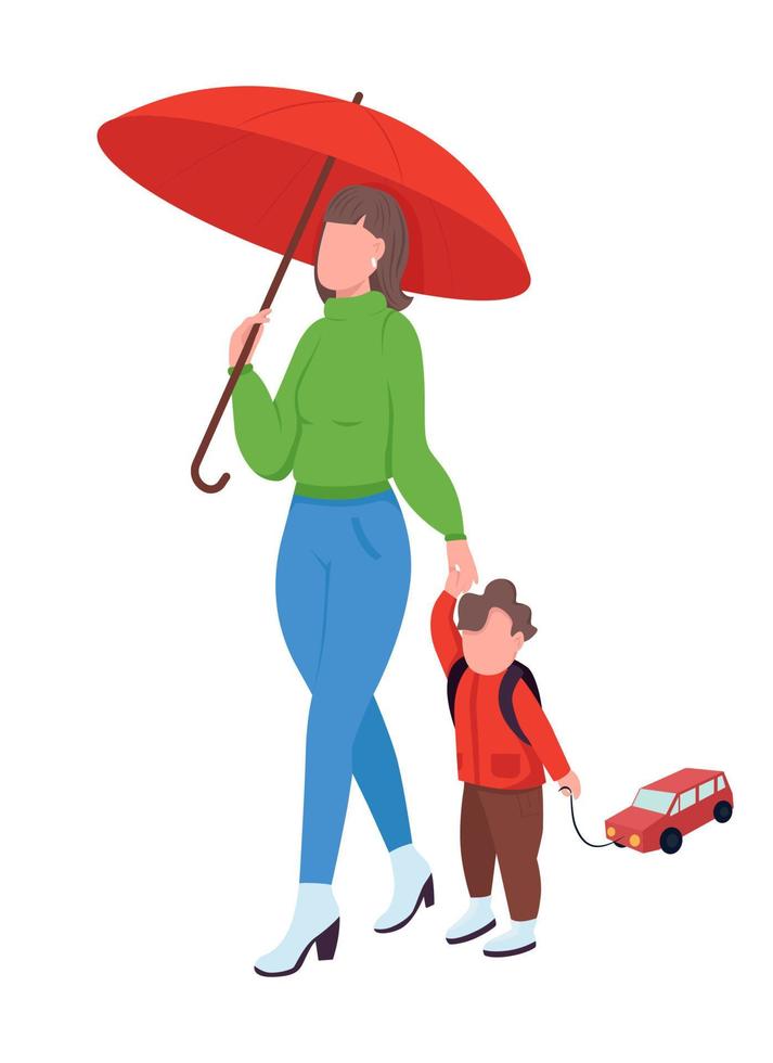 mamá con niño en la lluvia caminar personajes vectoriales de color semi plano vector