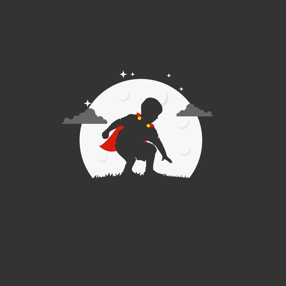 Super Kid with red robe in the Night. Silhouette vector