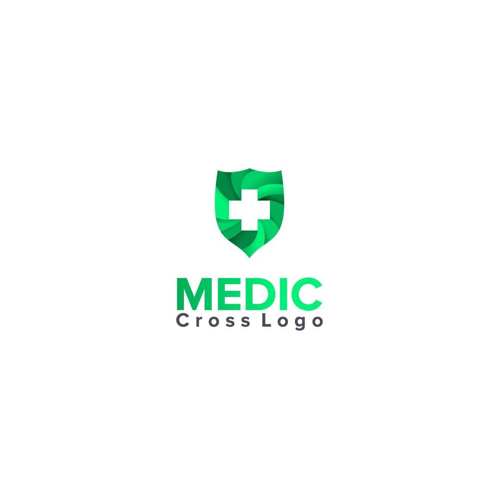 Illustration Vector Graphic of Cross Logo with Green Shield Background. Perfect to use for Medical Logo