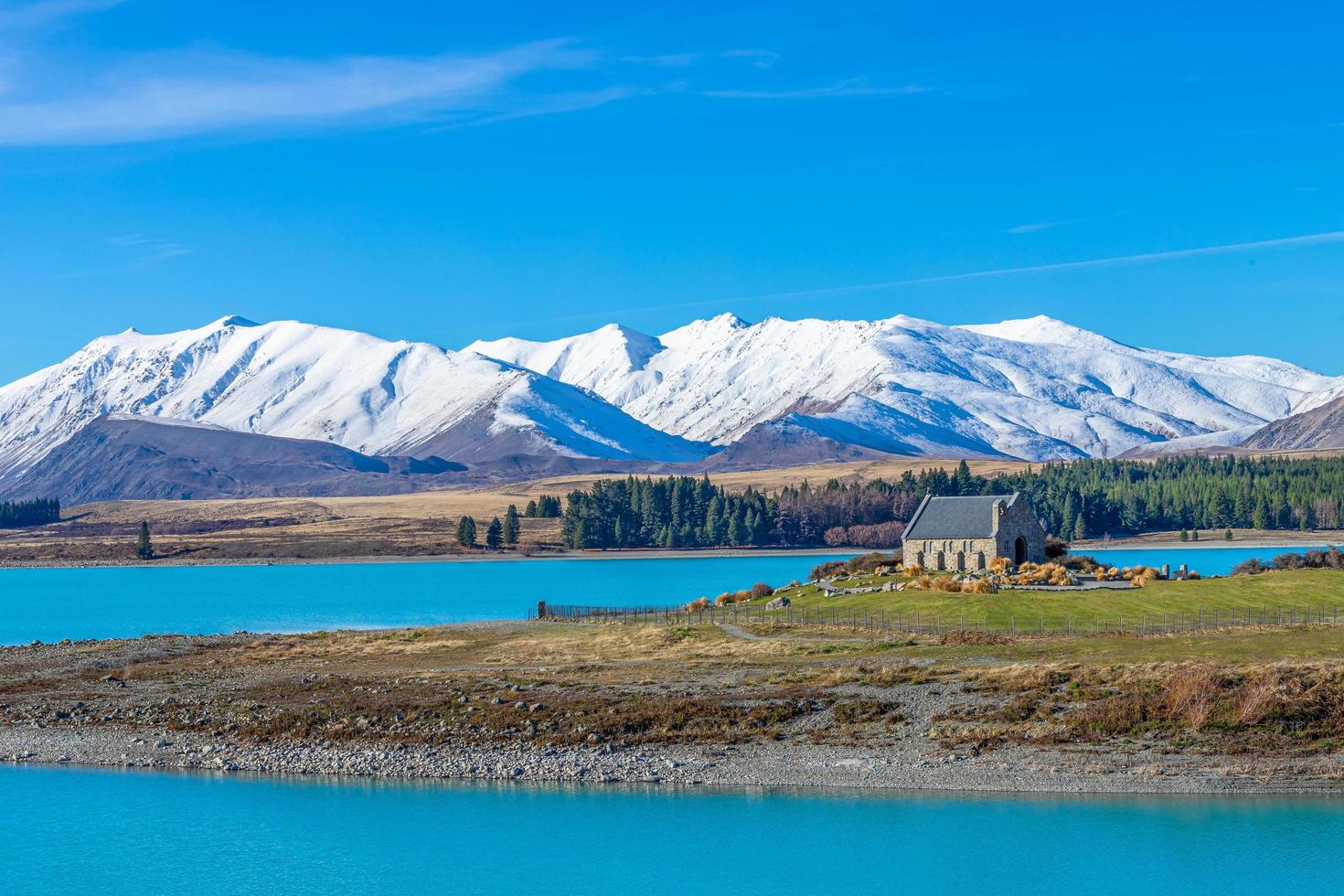 Church of the Good Shepherd with clear blue sky Lake Tekapo South Island New Zealand photo