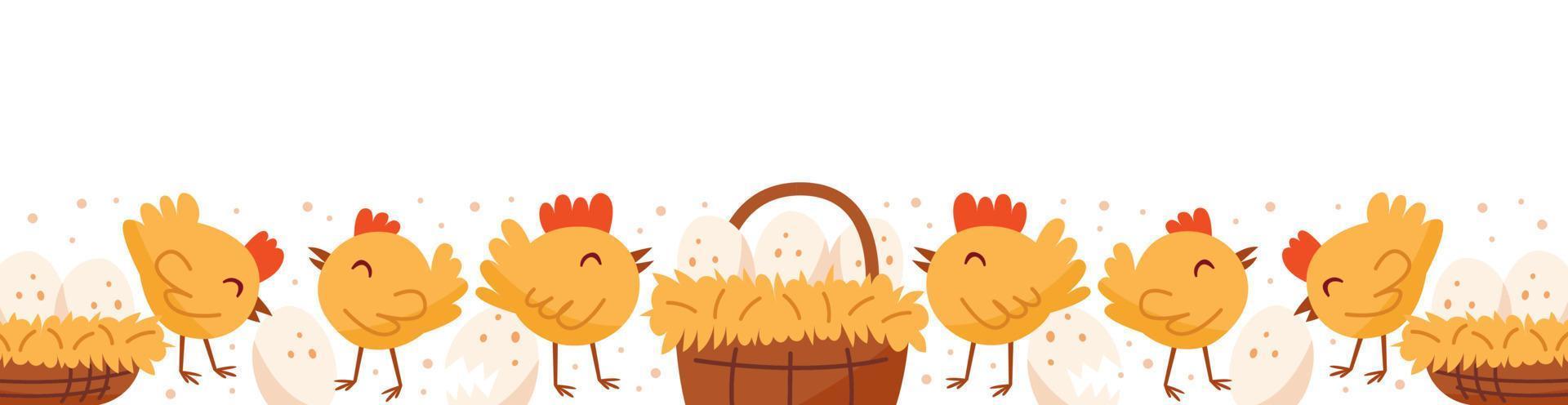 Chicken chick egg nest set domestic animals farm countryside life eco food production Easter holiday vector border design element