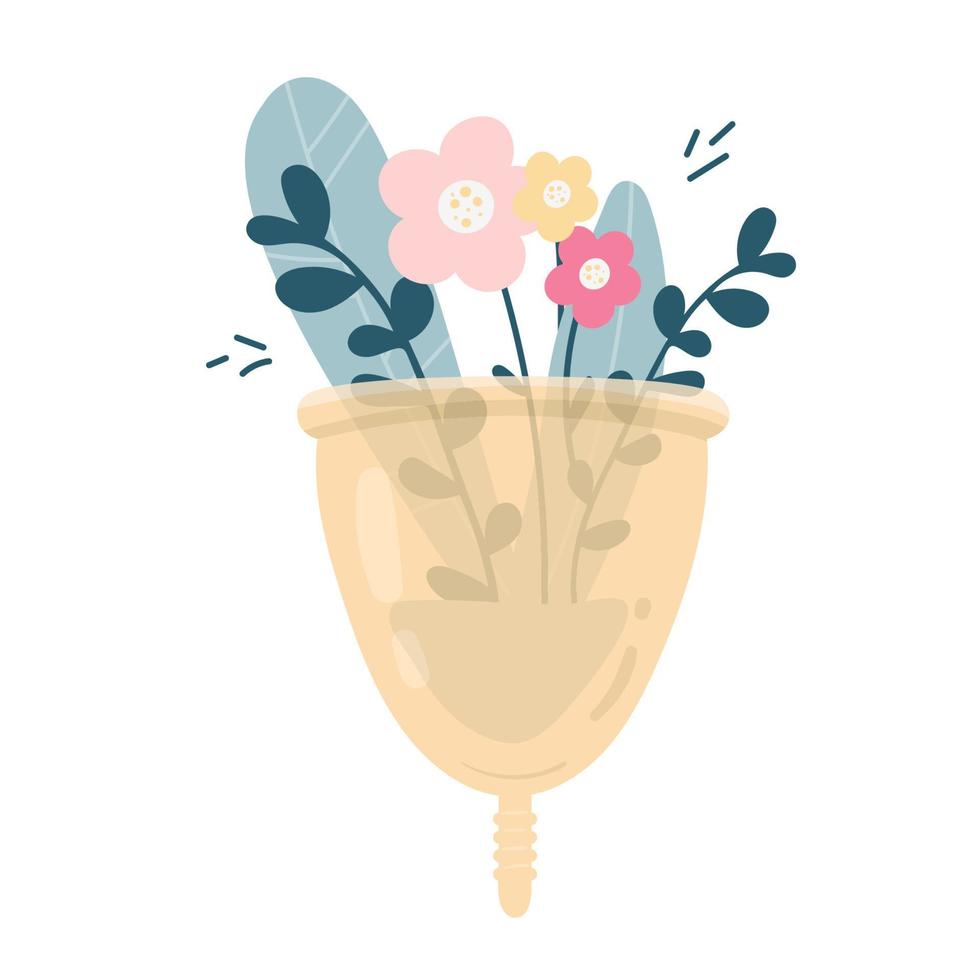 Copa menstrual con flores y hojas aisladas sobre fondo blanco. vector