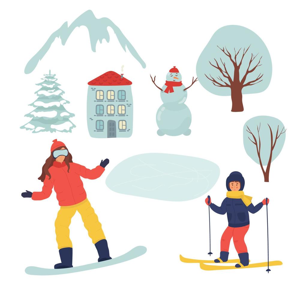 temporada de invierno establece ilustración vectorial. gente en el parque. chica de esquí. la mujer en el monopatín. paisaje urbano navideño. personajes planos. muñeco de nieve, paisaje. montañas, árbol, casa vector