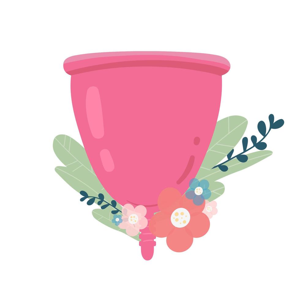menstrual cup with flowers and leaves isolated on white background vector
