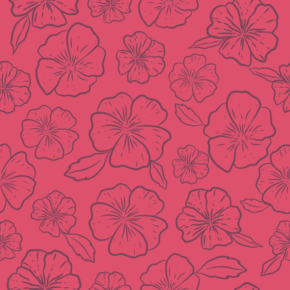 simple vector seamless pattern with flowers, line texture on red background. abstract floral wallpaper, bright tile ornament.
