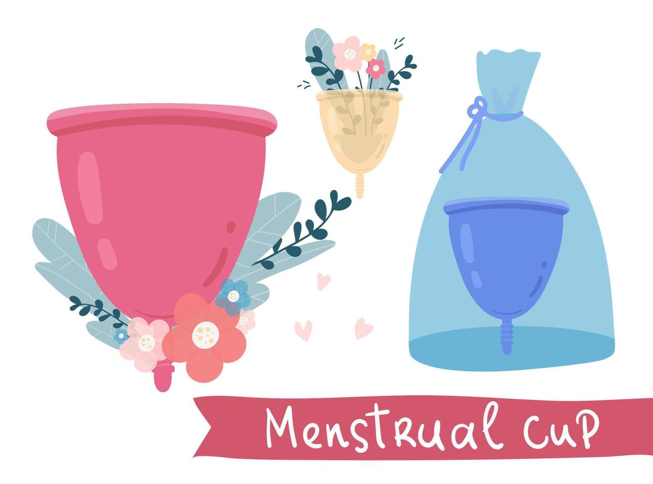 Conjunto de copa menstrual con flores y hojas aisladas sobre fondo blanco. vector