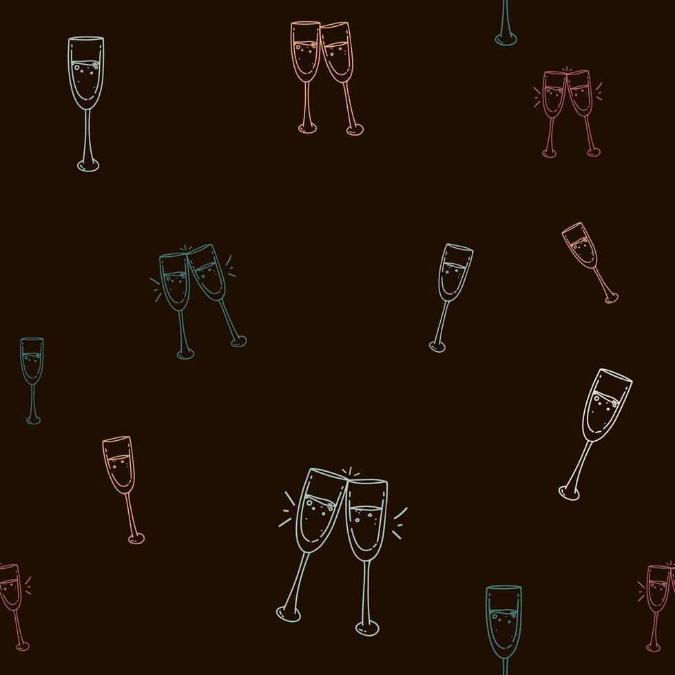 patrón sin fisuras con una imagen de un vaso de burbujas y pequeños puntos diseño plano simple. Dibujo a mano. copas de vino champagne sobre fondo negro. vector