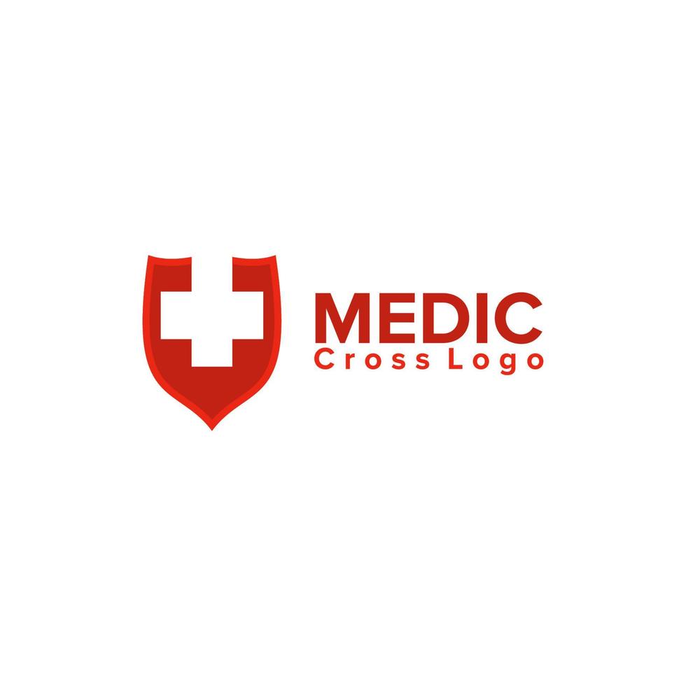 gráfico de vector de ilustración de logotipo cruzado con fondo de escudo rojo. perfecto para usar con logotipo médico