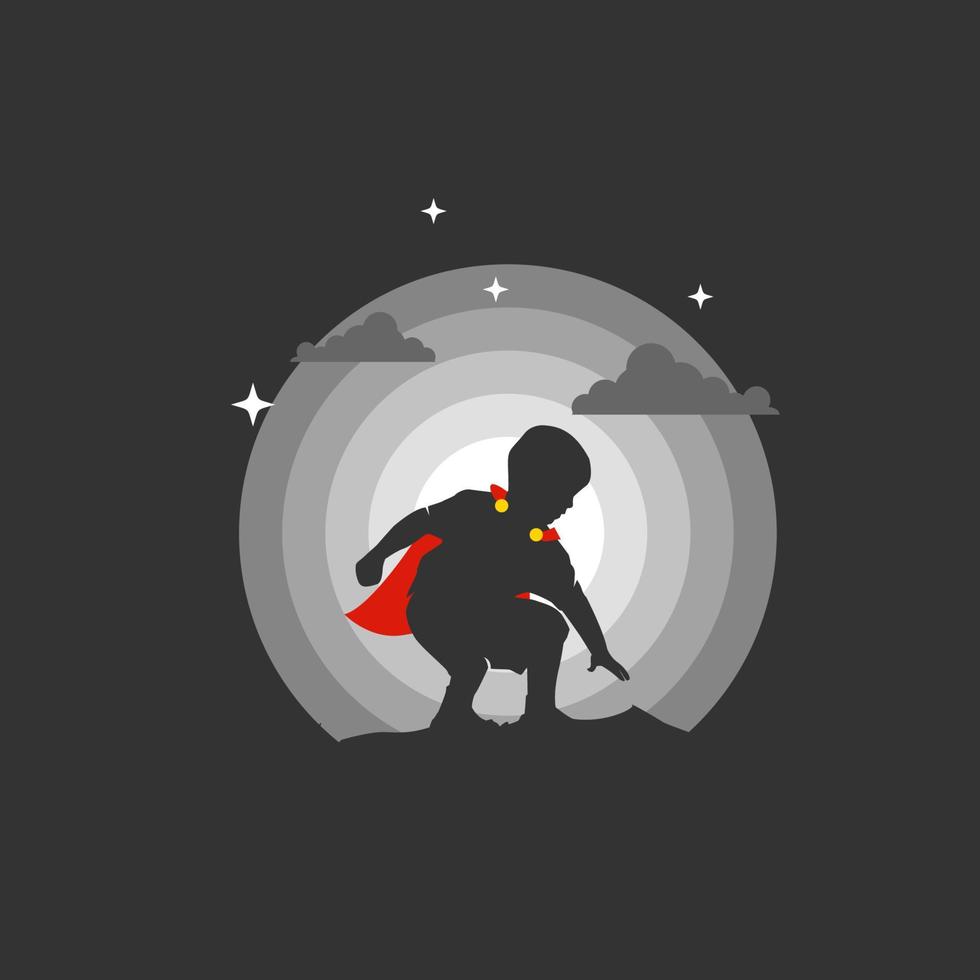 Super Kid with red robe in the Night. Silhouette vector