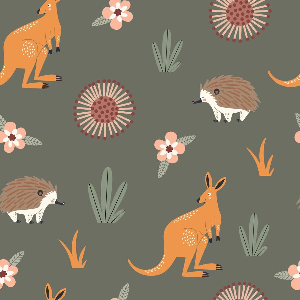 patrón sin fisuras con animales australianos y plantas y flores, para el diseño de los niños vector