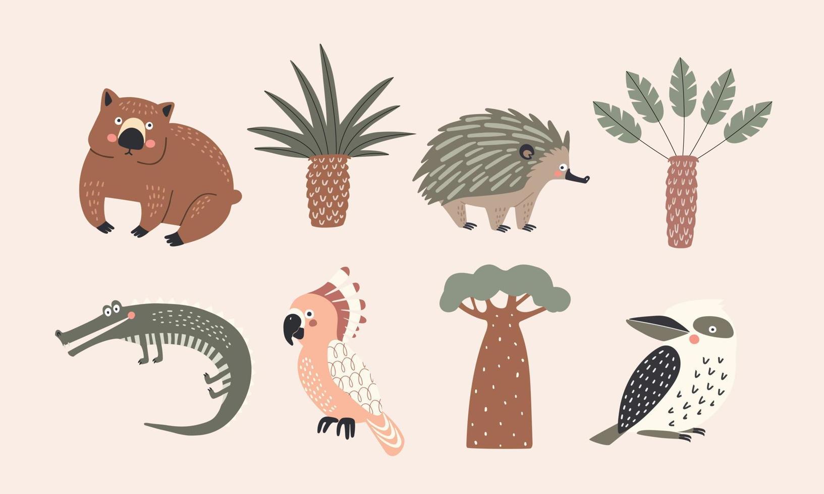 conjunto de ilustraciones vectoriales aisladas de árboles y animales australianos vector