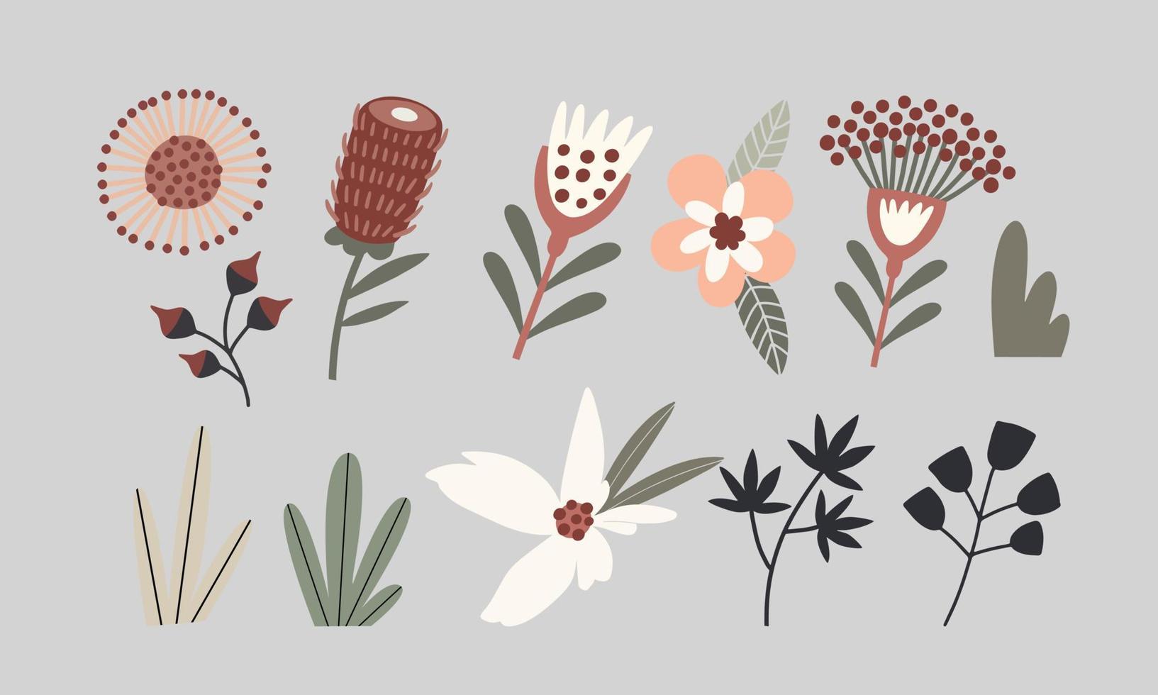 conjunto de ilustraciones vectoriales de flores y plantas sobre un fondo gris vector