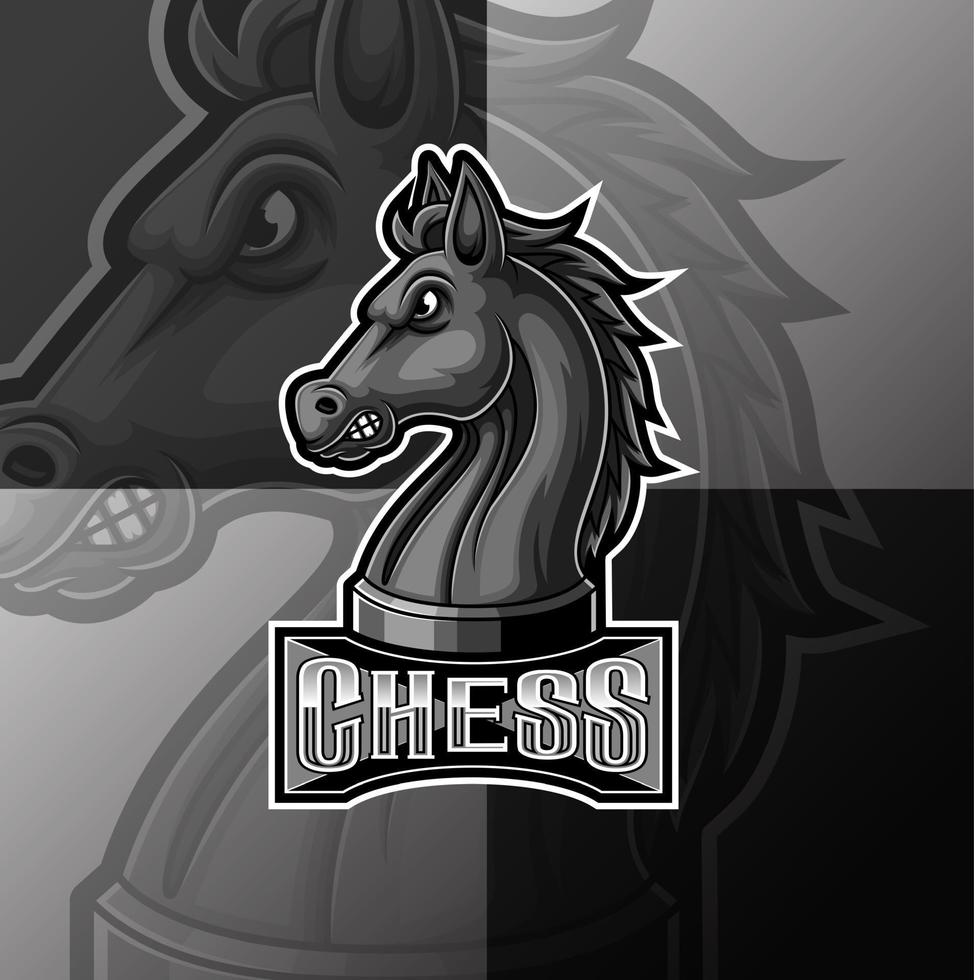 diseño del logotipo del deporte e de la mascota del caballo del caballero del ajedrez negro vector