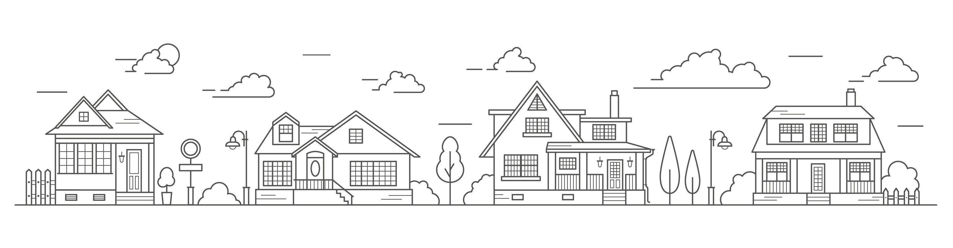 Landscape of the neighborhoods of the city, the houses of the suburbs residential area. A number of low-rise buildings of the village. Outline vector illustration.