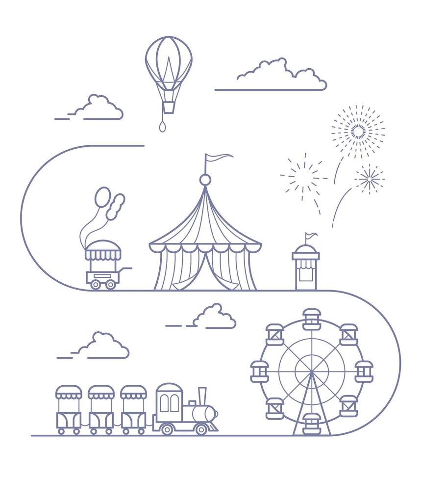 Panorama of an amusement park with a ferris wheel, circus, rides, balloon, bouncy castle. Landscape of urban park. Outline vector illustration