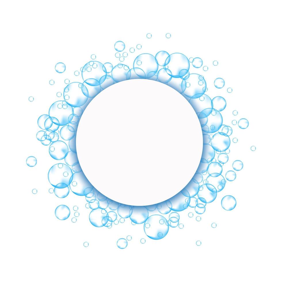 Effervescent soap bubbles frame. Blue foam suds isolated on white background. Realistic vector illustration.