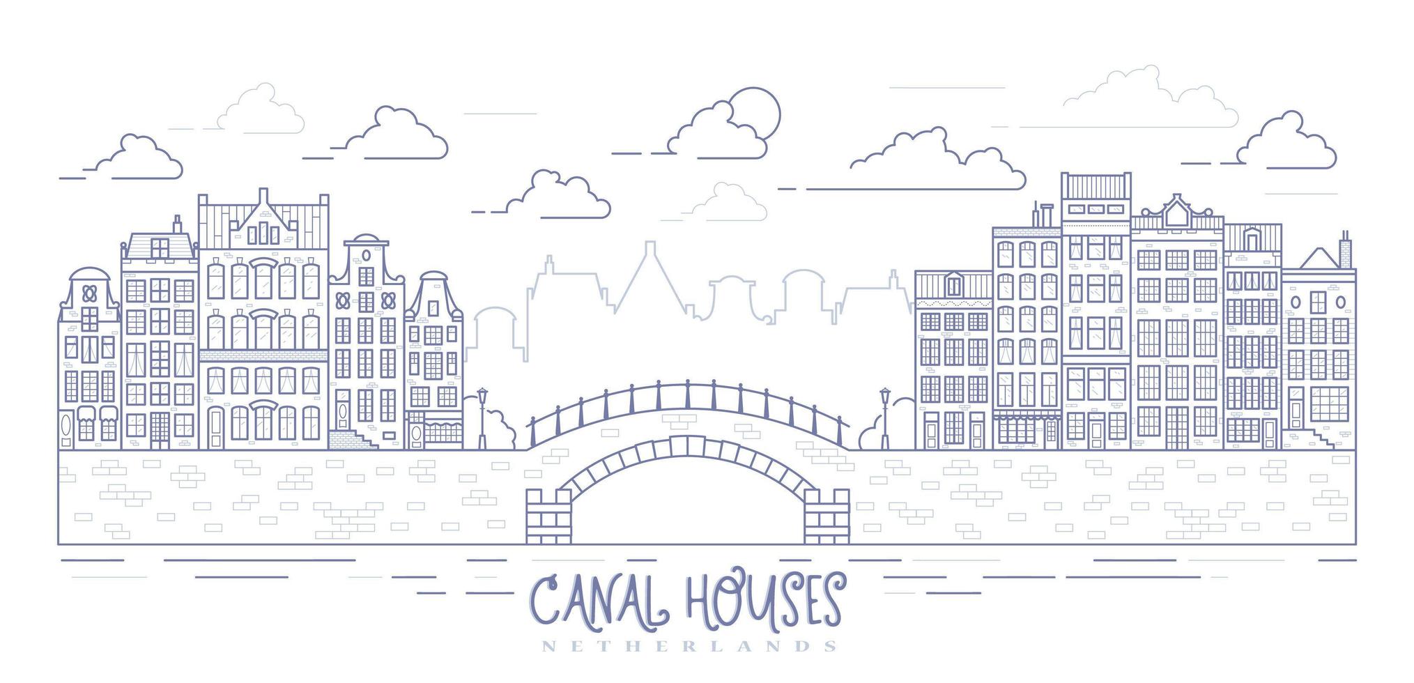 Amsterdam old style houses. Typical dutch canal homes lined up near a canal in the Netherlands. Building and facades on bridge. Vector outline illustration.