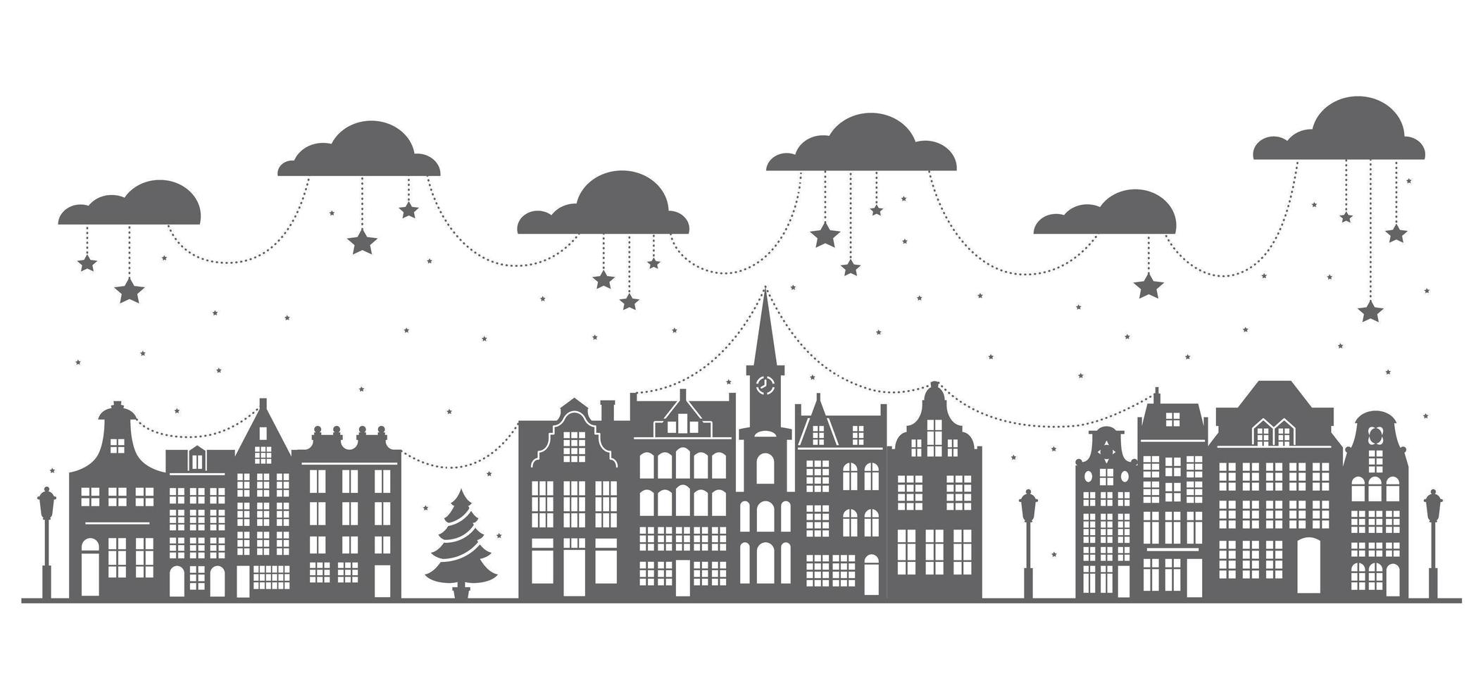 Silhouette of a row Amsterdam houses. Facades of European old buildings for Christmas decoration. Holland homes. Vector