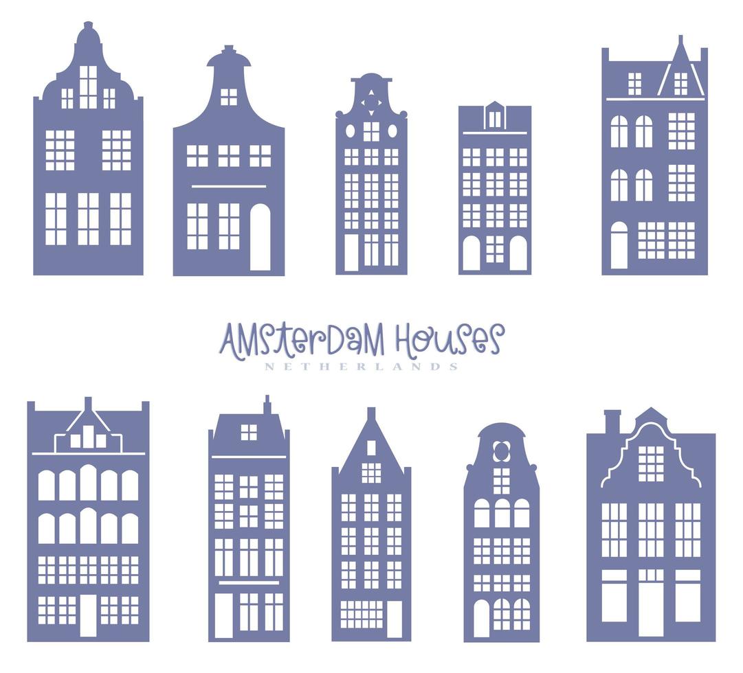 Silhouette of a row Amsterdam houses. Facades of European old buildings for Christmas decoration. Holland homes. Vector set for laser cut