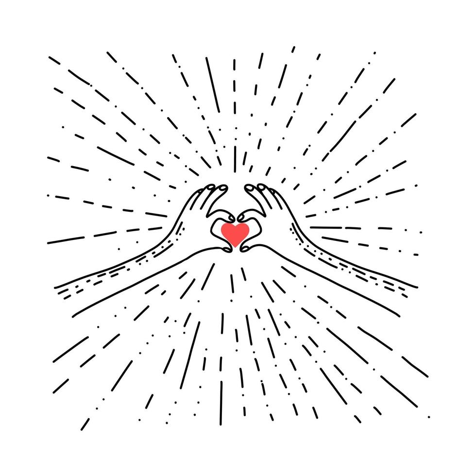 Hands holding blinking heart. Simple illustration in doodle style. Naive style vector illustration isolated on white.