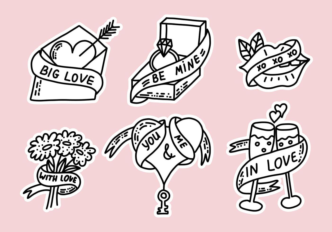 Etiquetas engomadas del vector del día de San Valentín. vector elementos dibujados a mano para boda, día de san valentín, estampados de amor.