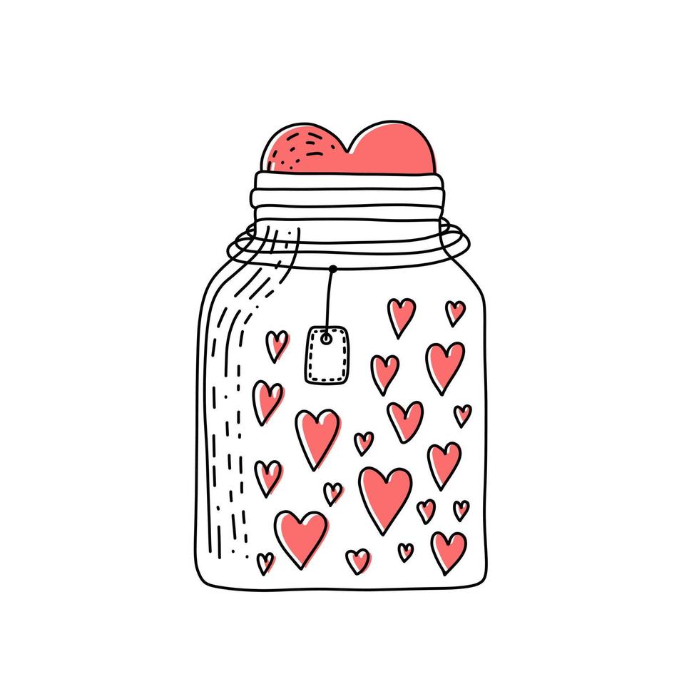 Jar with hearts in doodle style. Concept for gritting cards, thanks card, valentine day, mother day. vector