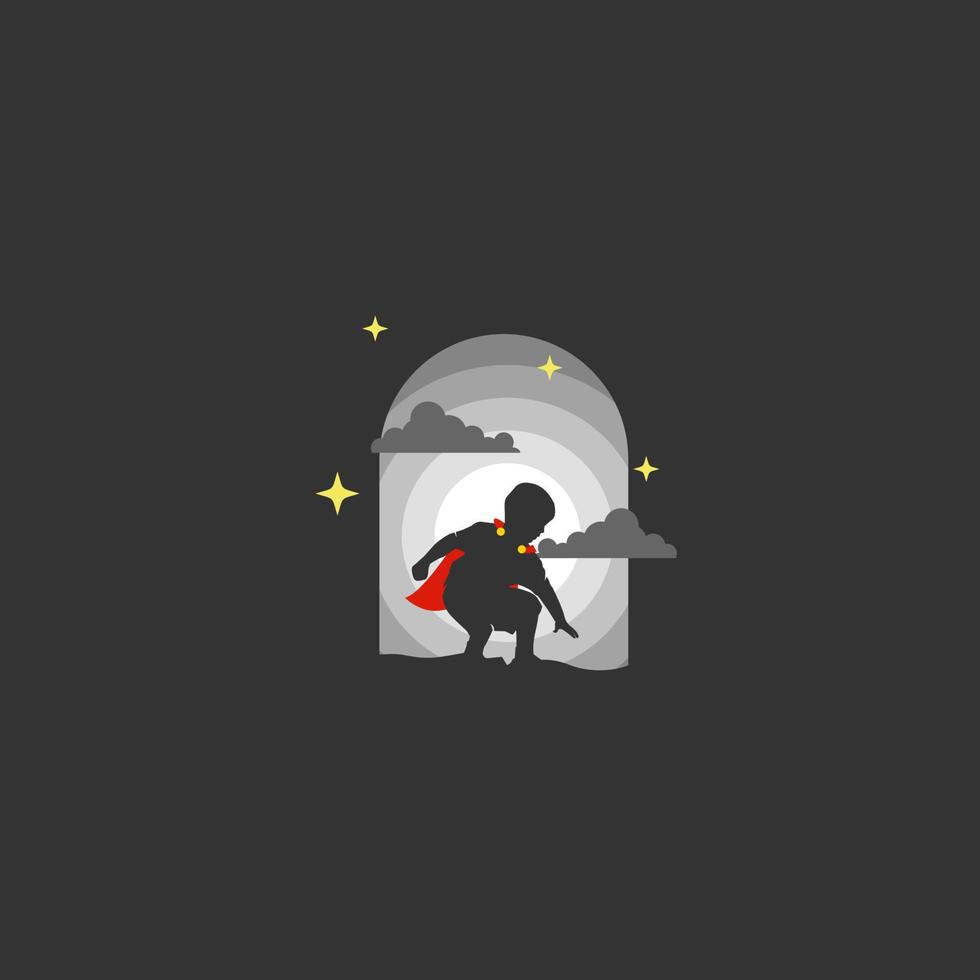 Super Kid with red robe in the Night. Silhouette vector
