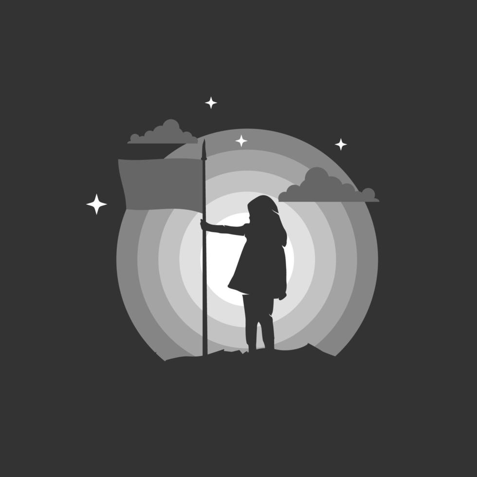 Girl Hold a Flag in the Night. Silhouette vector