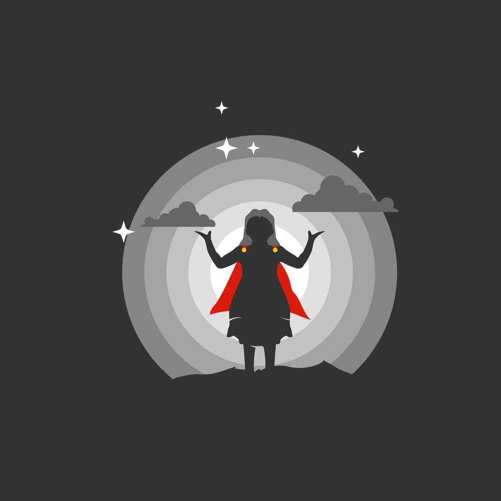 Super Girl with red robe in the Night. Silhouette vector