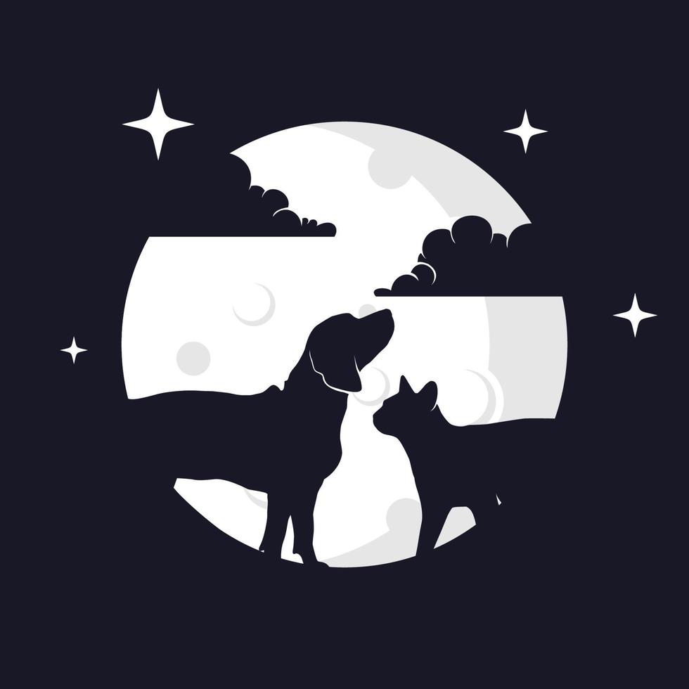 gráfico de vector de ilustración de gato y perro con fondo de luna. perfecto para usar en camisetas o eventos