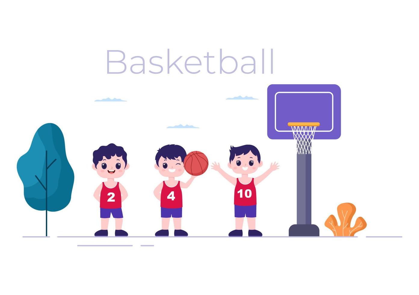 Dibujos animados de niños felices jugando baloncesto ilustración de diseño plano vistiendo uniforme de canasta en cancha al aire libre para fondo, póster o pancarta vector