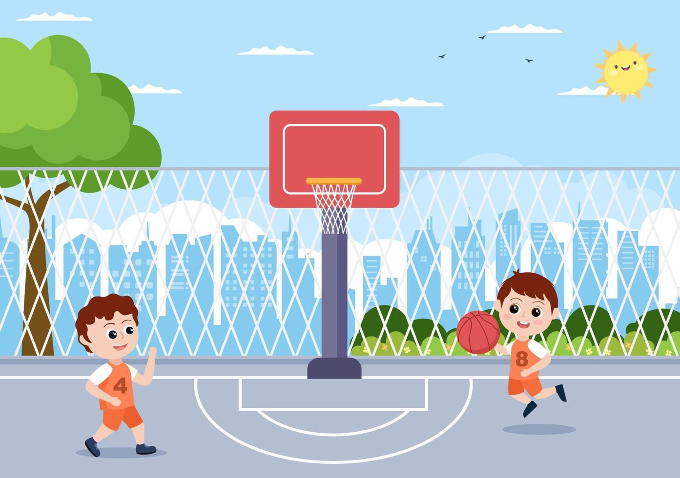 Dibujos animados de niños felices jugando baloncesto ilustración de diseño plano vistiendo uniforme de canasta en cancha al aire libre para fondo, póster o pancarta vector