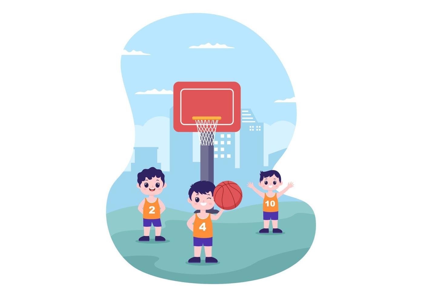 Dibujos animados de niños felices jugando baloncesto ilustración de diseño plano vistiendo uniforme de canasta en cancha al aire libre para fondo, póster o pancarta vector