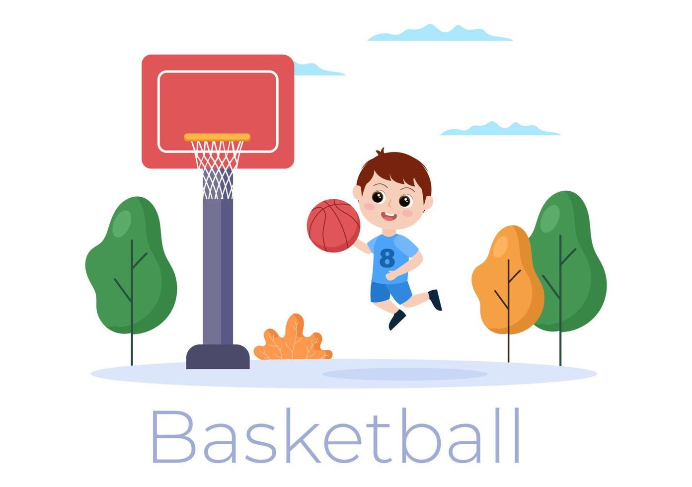 Dibujos animados de niños felices jugando baloncesto ilustración de diseño plano vistiendo uniforme de canasta en cancha al aire libre para fondo, póster o pancarta vector