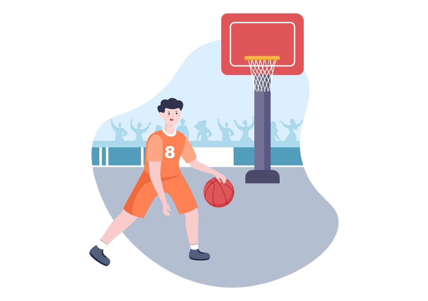 Happy Young Man Playing Basketball Flat Design Illustration Wearing Basket Uniform in Outdoor Court for Background, Poster or Banner vector