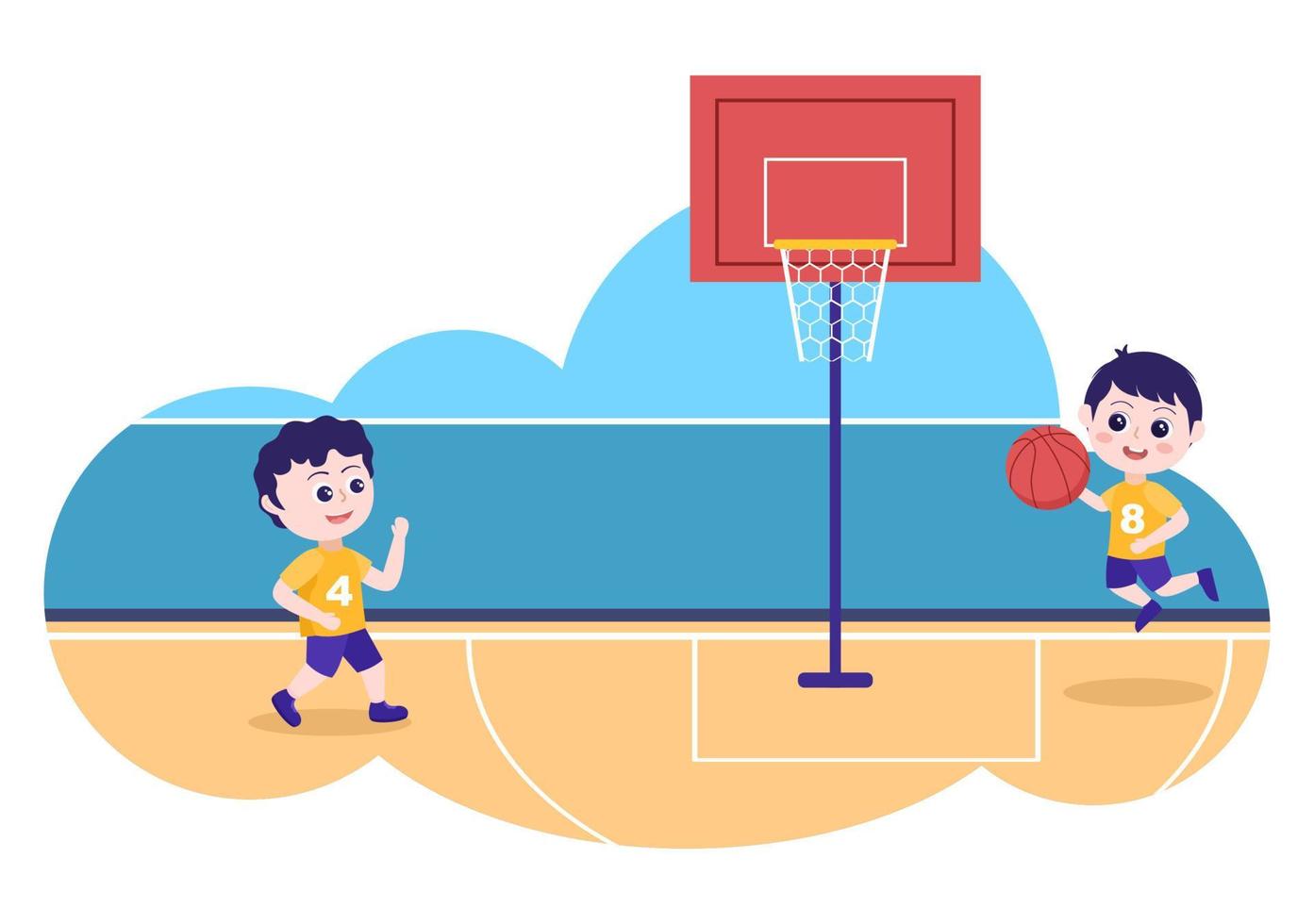 Happy Kids Cartoon Playing Basketball Flat Design Illustration Wearing Basket Uniform in Outdoor Court for Background, Poster or Banner vector