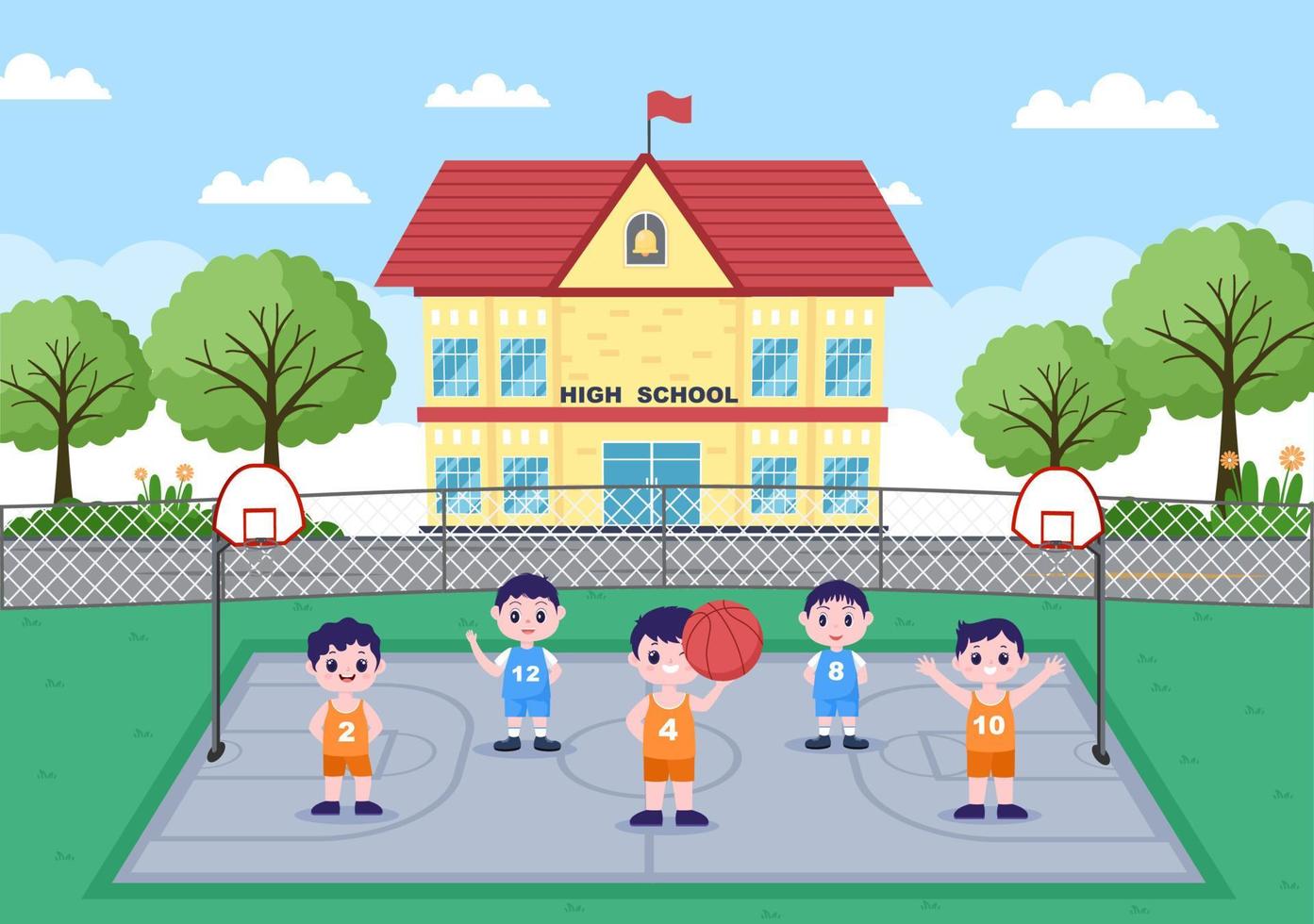 Dibujos animados de niños felices jugando baloncesto ilustración de diseño plano vistiendo uniforme de canasta en cancha al aire libre para fondo, póster o pancarta vector