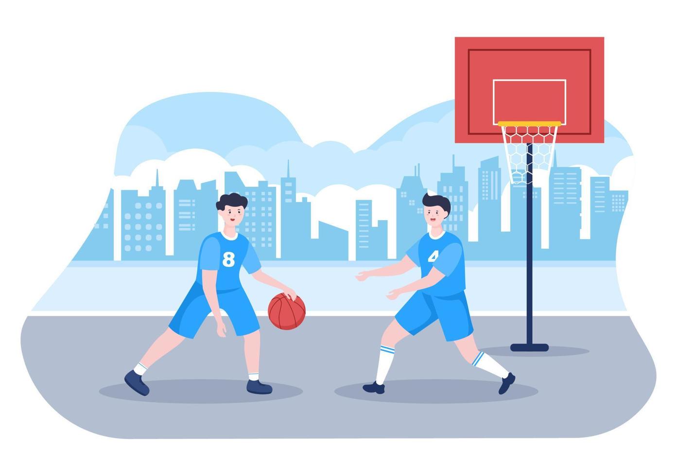 Feliz joven jugando baloncesto ilustración de diseño plano vistiendo uniforme de canasta en la cancha al aire libre para el fondo, cartel o pancarta vector