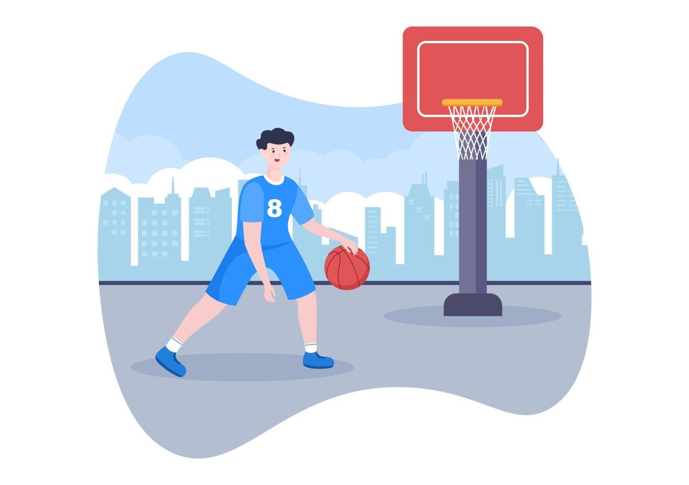 Feliz joven jugando baloncesto ilustración de diseño plano vistiendo uniforme de canasta en la cancha al aire libre para el fondo, cartel o pancarta vector