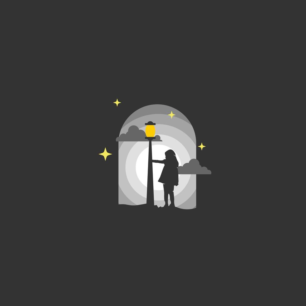 Girl Hold a light poles in the Night. Silhouette vector