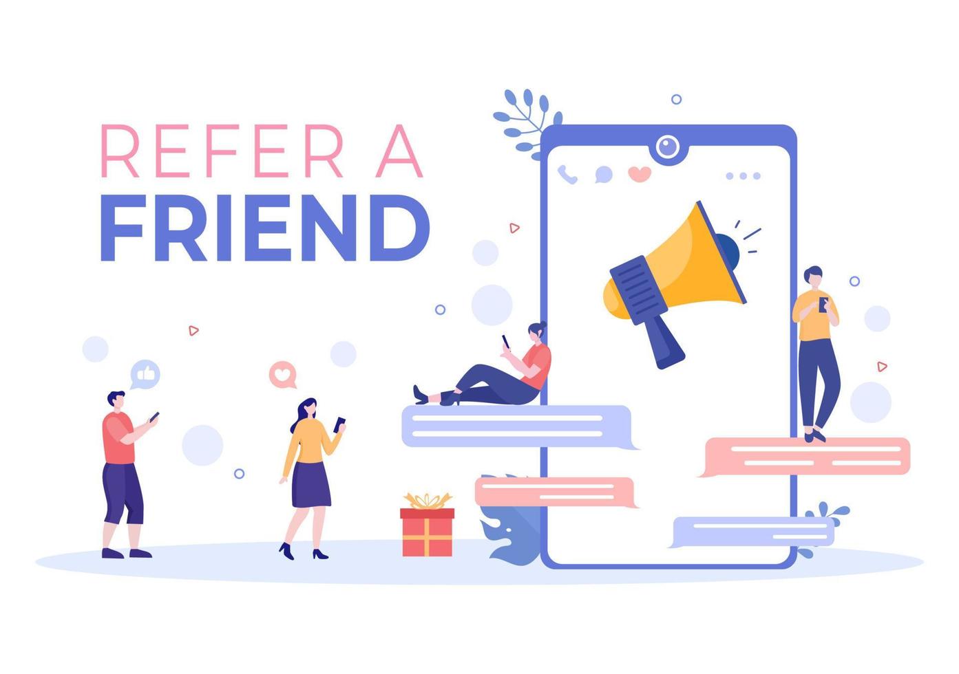 Refer a Friend Flat Design Illustration with Megaphone on Screen Mobile Phone and Social Media Marketing for Friends via Banner, Background or Poster vector