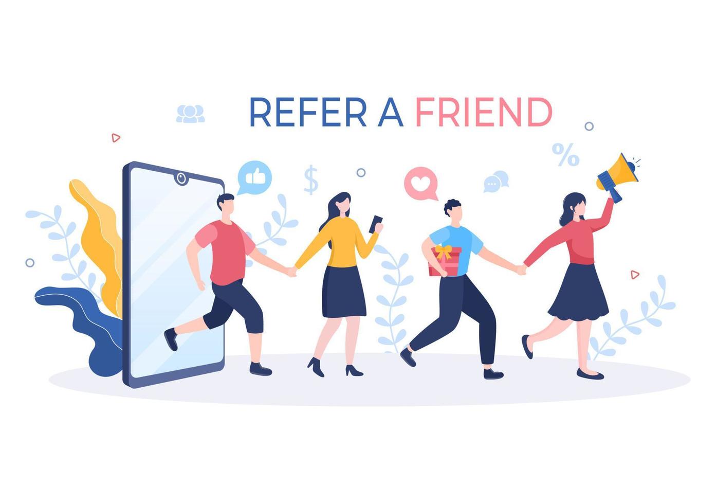 Refer a Friend Flat Design Illustration with Megaphone on Screen Mobile Phone and Social Media Marketing for Friends via Banner, Background or Poster vector
